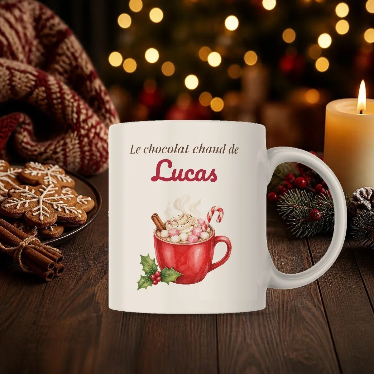 Tasse de Noël personnalisée avec prénom et chocolat chaud, devant un sapin illuminé et des sablés givrés